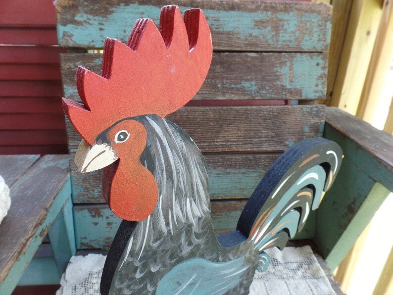 Large Handmade Folk Art Wood Rooster Hand Painted Country Art Etsy