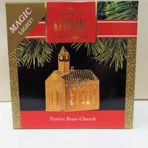 Hallmark Festive Brass Church Magic Christmas Ornament NOS 1991 NRFB Lighted Dimensional Brass