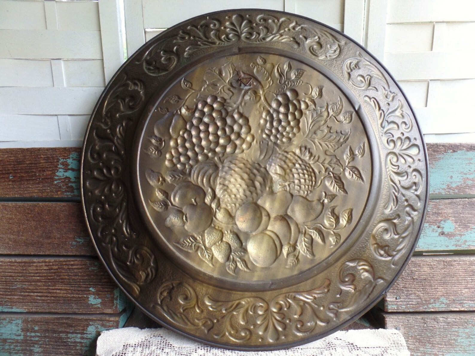 Vintage Large Brass Wall Plaque Plate Mid Century Embossed Etsy