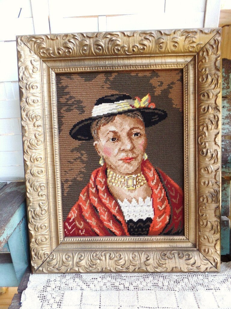 Vintage Large Needlepoint Picture French Countrywoman With Hat