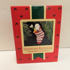 Hallmark Snoopy and Woodstock Christmas Ornament 1988 NOS Snoopy and Woodstock in Stocking