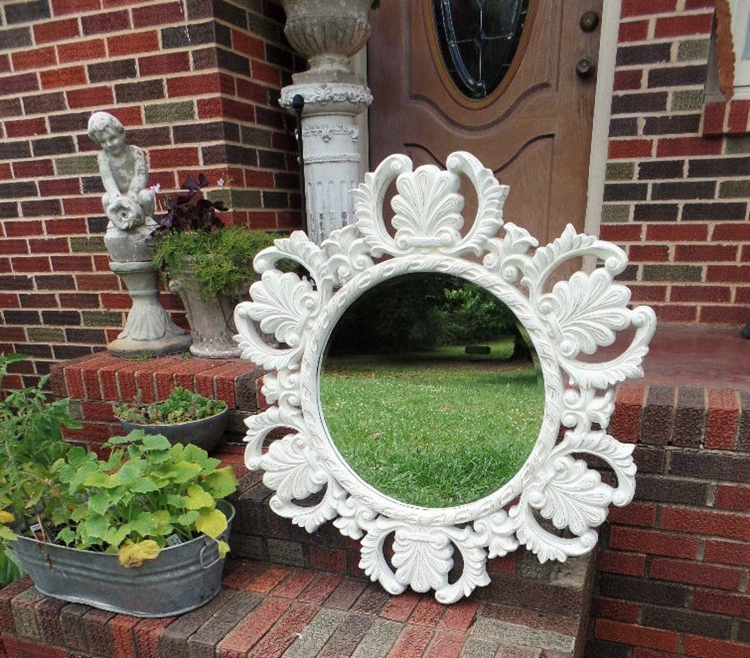 Large Vintage Ornate Circular White Distressed Wall Mirror Shabby
