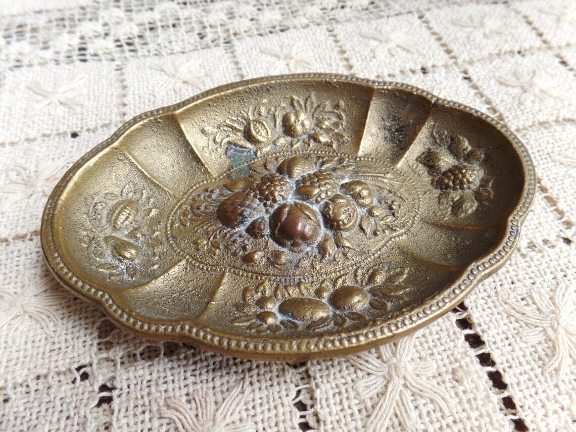 Vintage Brass Trinket Dish With Raised Fruit Design Etsy