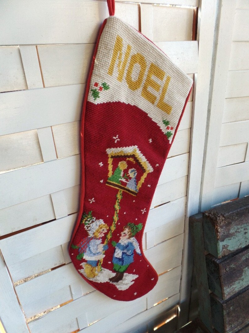 Vintage Needlepoint Christmas Stocking Kids Playing Snow Noel Etsy