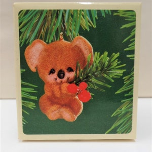 Hallmark Christmas Koala Christmas Ornament 1983 NOS Flocked Koala Bear Holly Berries Evergreen