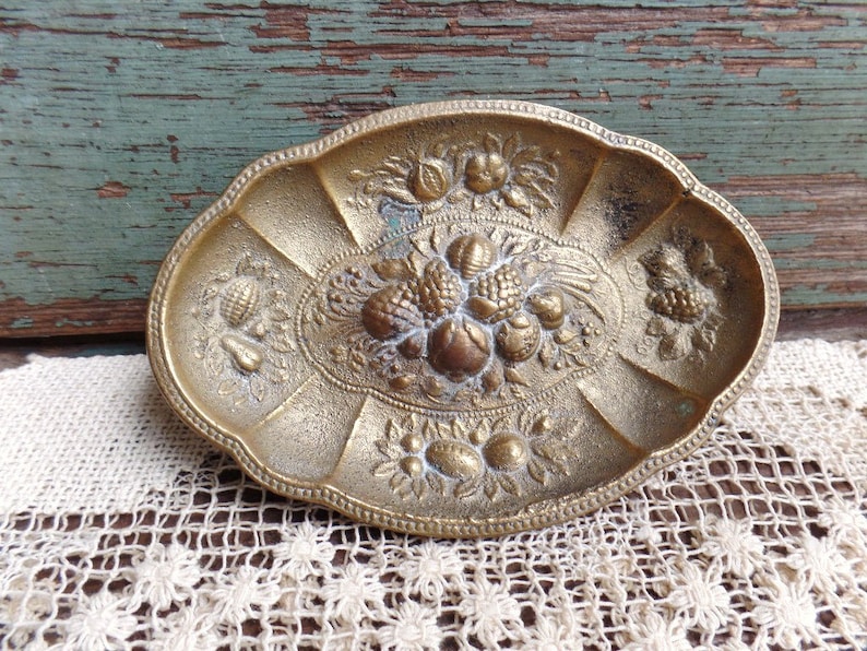 Vintage Brass Trinket Dish With Raised Fruit Design Etsy