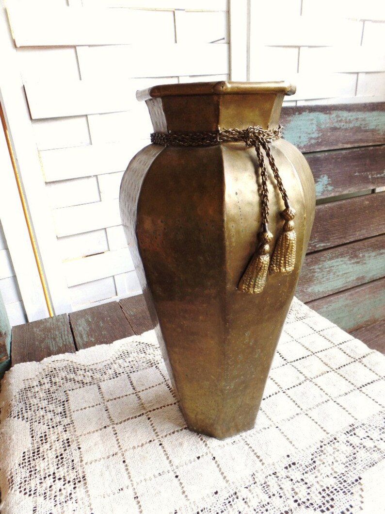 Vintage Hammered Brass Vase With Rope Design Tassels Etsy