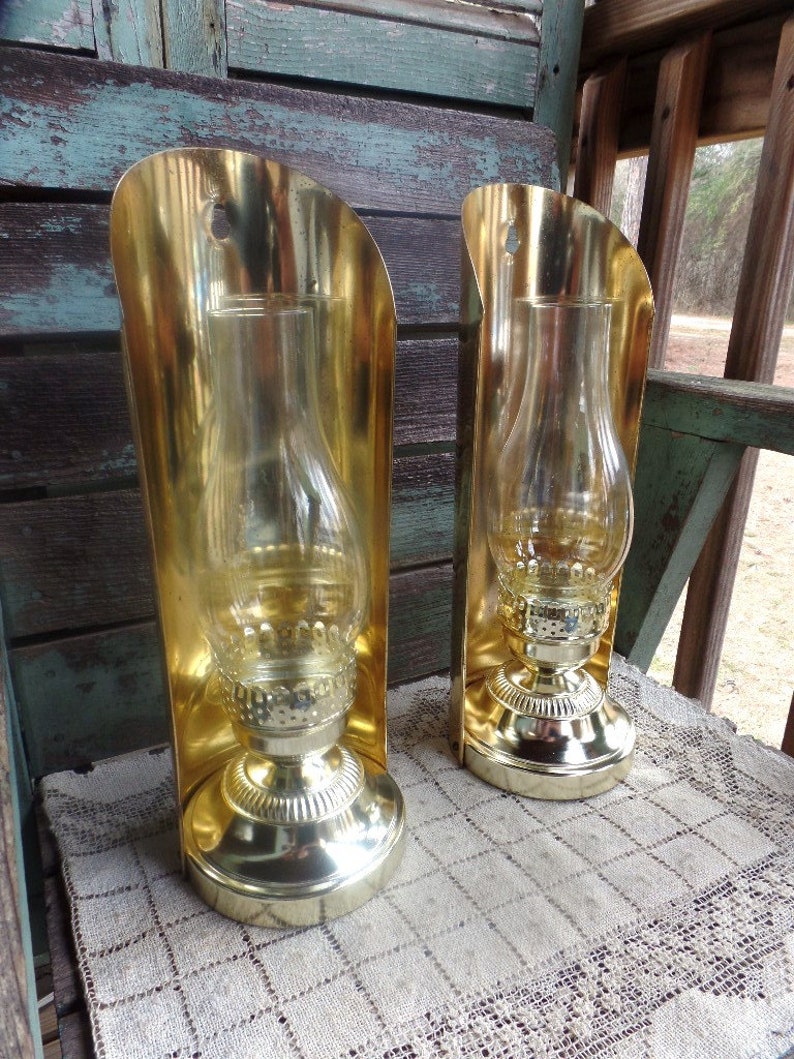 Vintage Pair Brass Oil Lamp Style Candle Holders Brass Wall Etsy