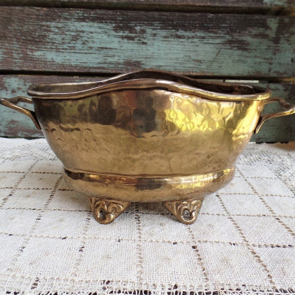 Vintage Footed Hammered Brass Double Handled Pot