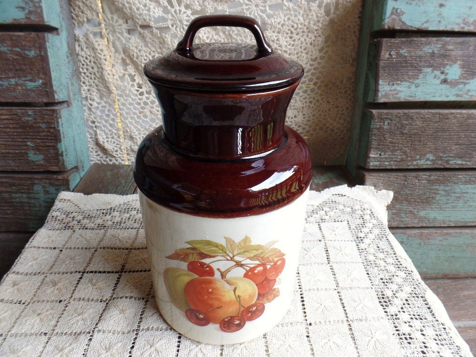 Vintage Cookie Jar With Fruit Design USA 253 Ceramic Canister Etsy
