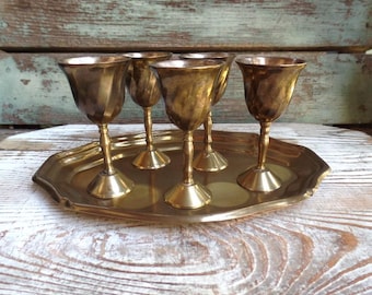 Vintage Small Brass Serving Tray Brass Goblets Brass Drinkware