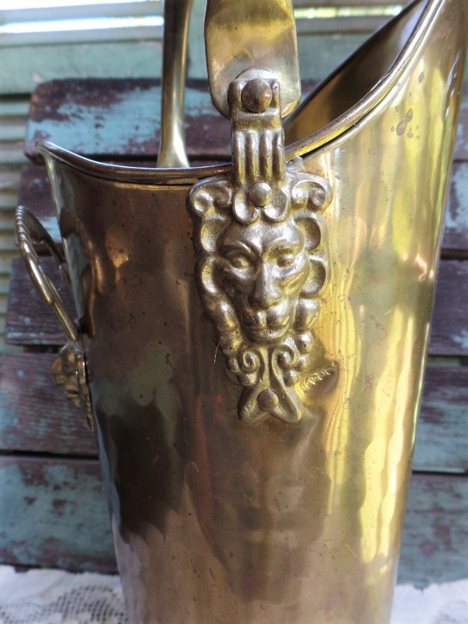 Vintage Hammered Brass Bucket With Porcelain Handle Brass Etsy