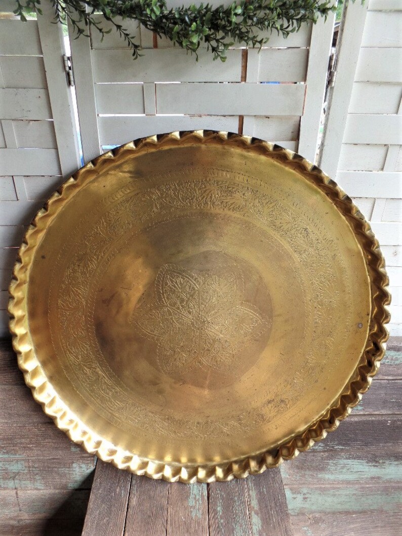 Large Vintage Solid Brass Table Top Tray Pie Crust Edge Etched Etsy