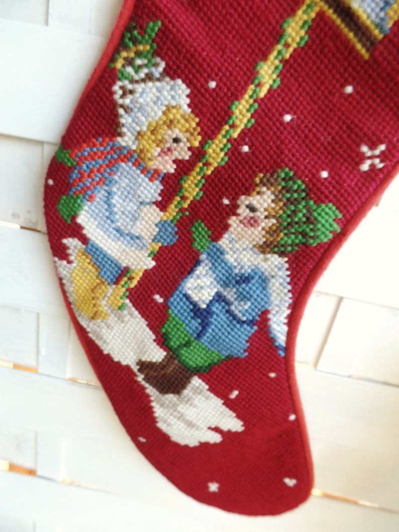 Vintage Needlepoint Christmas Stocking Kids Playing Snow Noel Etsy