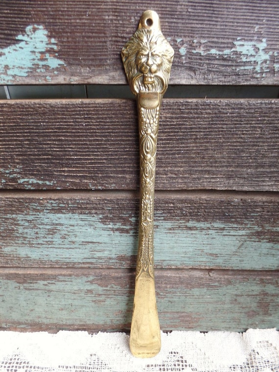 Equestrian Shoe Horn Vintage Solid 18" Brass Horses Head Shoe Boot Horn