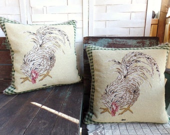 Vintage Pair Large Needlepoint Pillows Chicken Design Rooster Feather Pillows