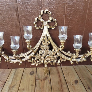 Vintage Syroco Six Arm Wall Sconce Gold Gilt Floral Design Hollywood Regency 1970 Glass Sconce