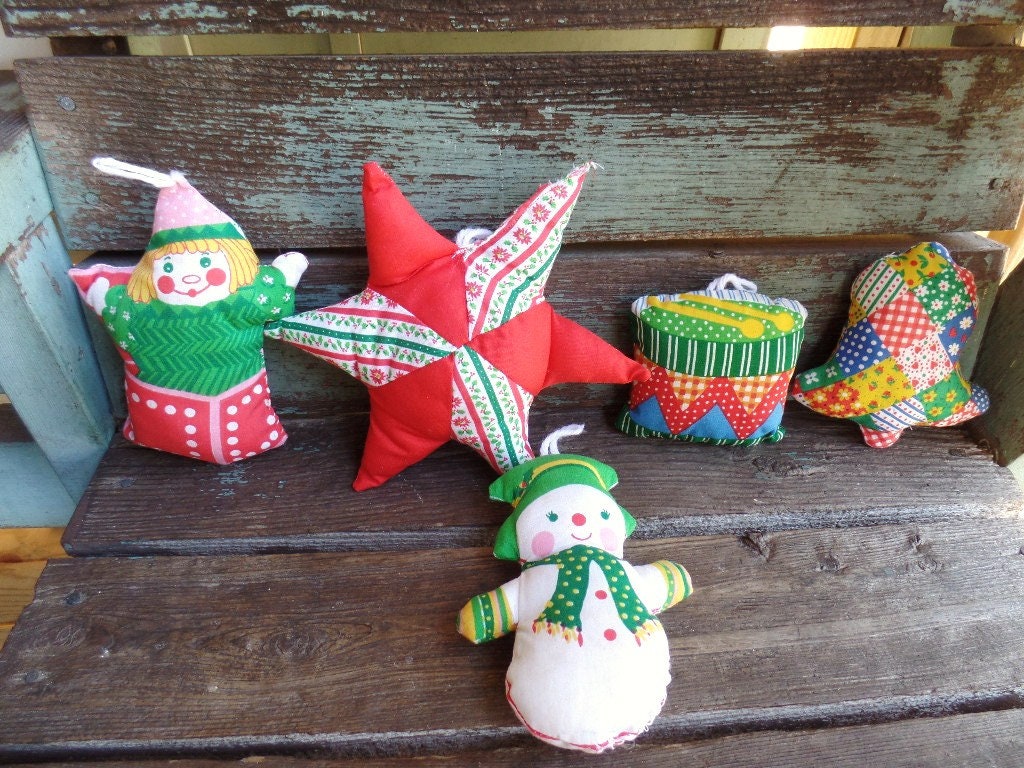 Vintage Fabric Puffy Christmas Ornaments Set of Five Star