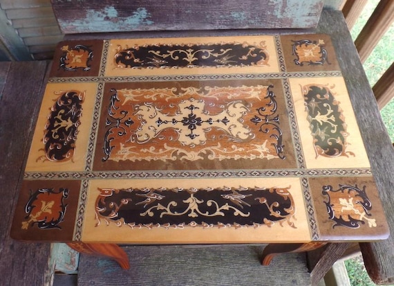 Vintage Italian Inlay Wood Table Jewelry Box Reuge Swiss Music Box