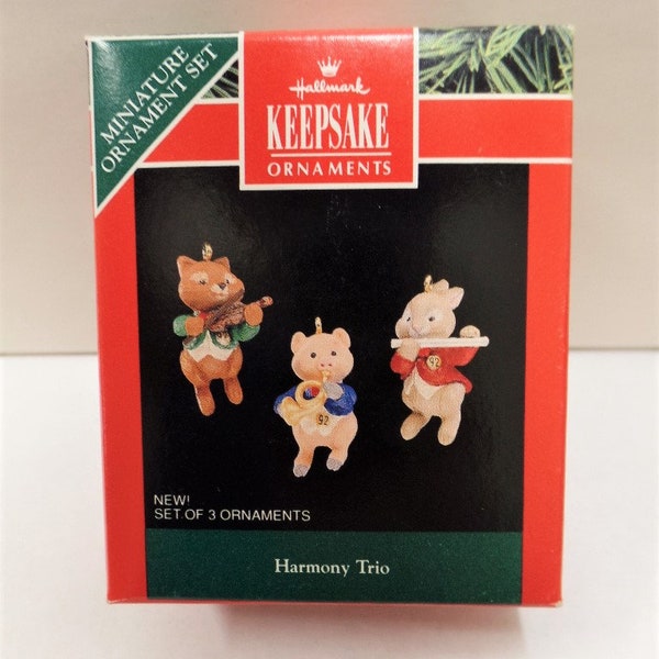 Hallmark Harmony Trio Miniature Christmas Ornament 1992 NOS Feather Tree NRFB Fox Pig Bunny Set of 3