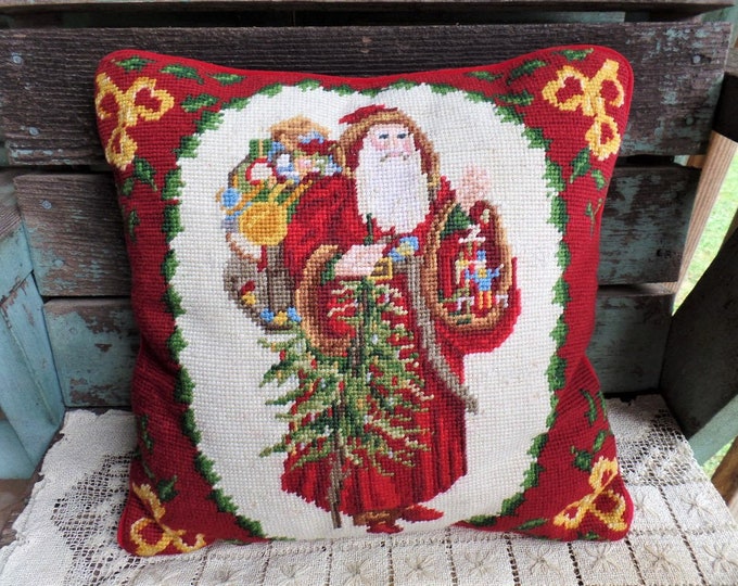 Vintage Needlepoint Pillow Santa Claus Design Christmas Tree Etsy