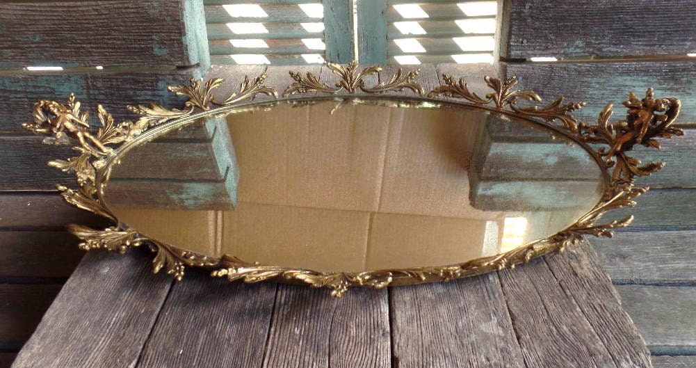 Vintage Ornate Mirrored Vanity Tray Cherub Bird Perfume Tray Gold