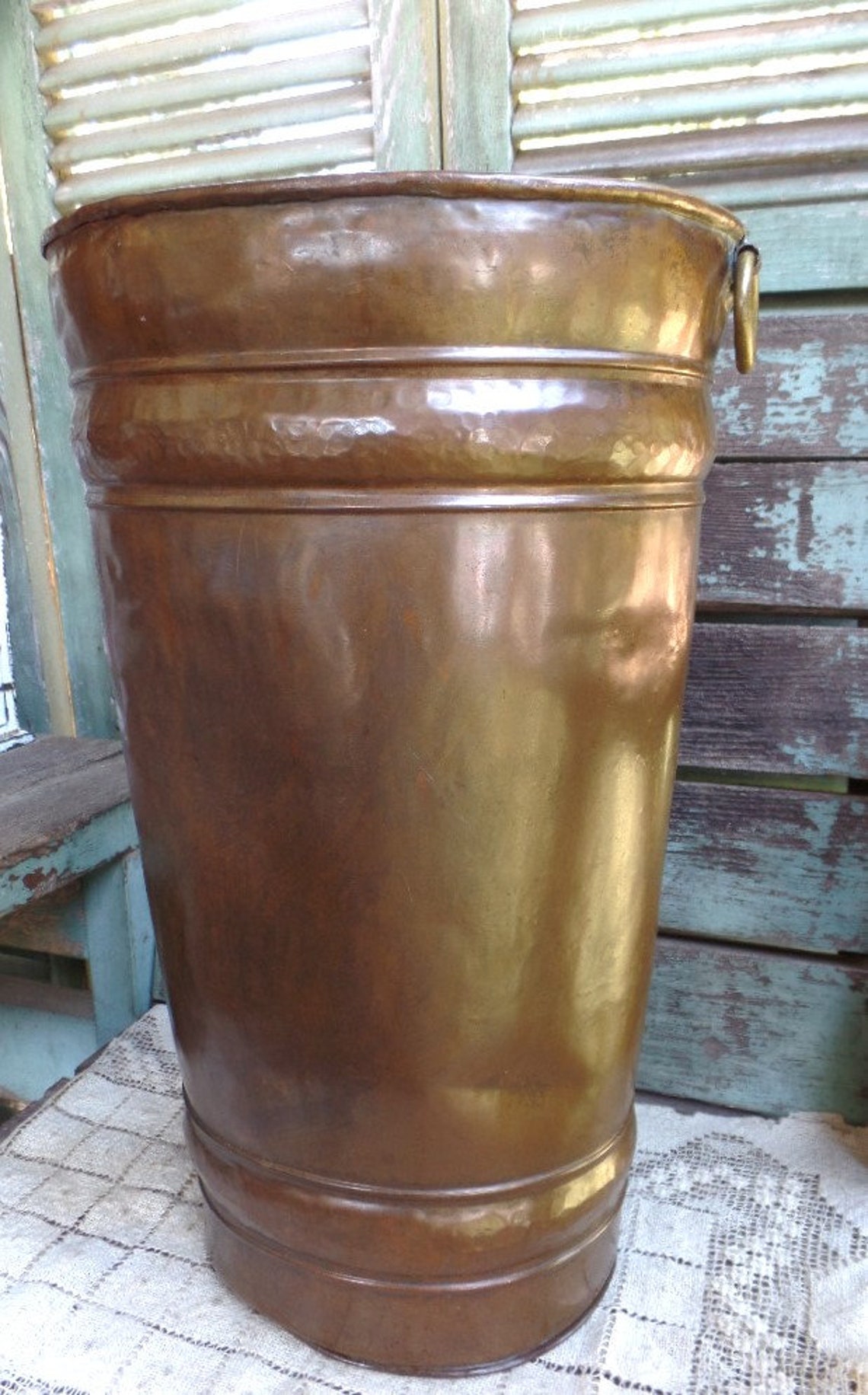 Vintage Hammered Copper Umbrella Stand With Double Brass Ring Etsy
