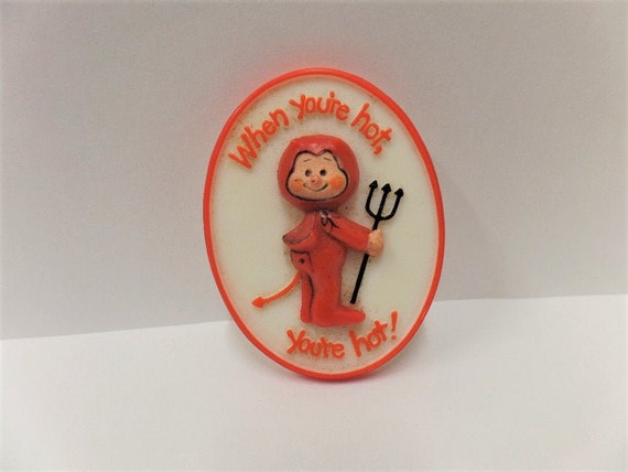 Vintage Hallmark Little Red Devil Halloween Lapel Pin 1970's NOS When You're Hot You're Hot