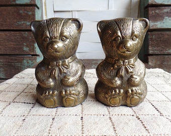 Vintage Pair Brass Teddy Bear Bookends Nursery Decor