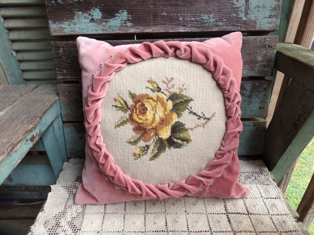 Vintage Needlepoint Pillow Floral Design Unique Scrunched Circle Etsy