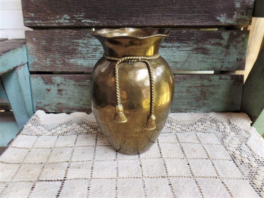 Vintage Hammered Brass Vase with Braided Rope and Tassel Etsy