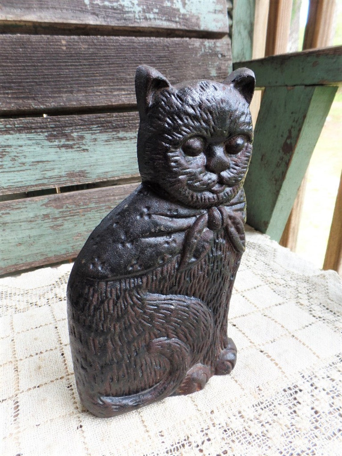Vintage Cast Iron Black Cat Door Stop Kitty Cat Bandana Rustic Etsy