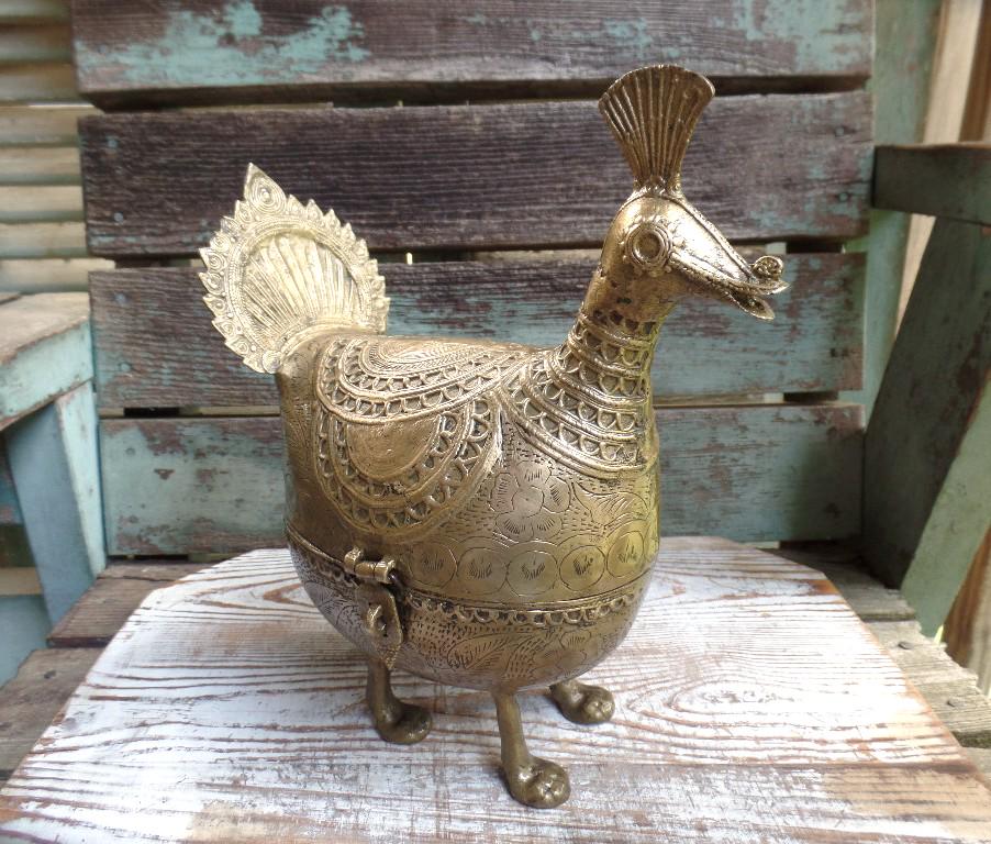 Vintage Brass Indo-islamic Dhokra Betel Nut Peacock Lidded Box