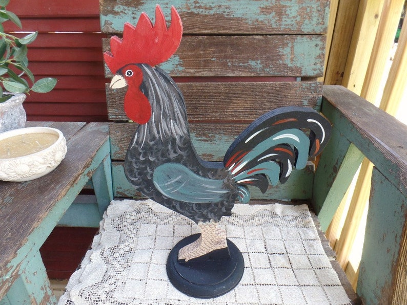 Large Handmade Folk Art Wood Rooster Hand Painted Country Art Etsy