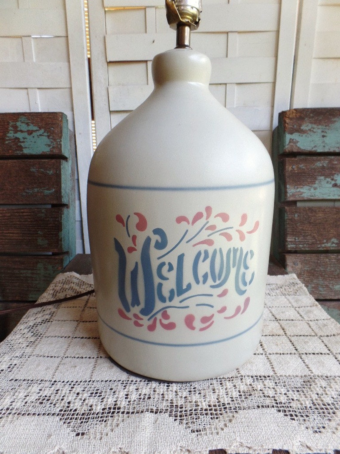 Vintage Ceramic Jug Lamp Country Decor Pottery Table Etsy