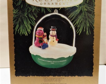 Hallmark Barney Light and Motion Christmas Ornament NOS 1994 Barney Sledding