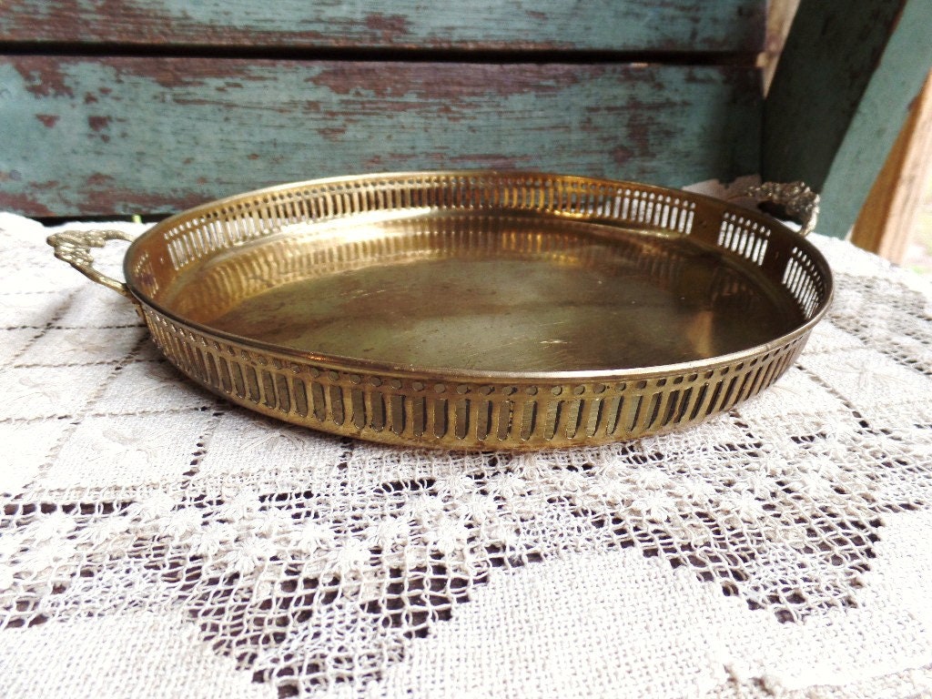 Vintage Brass Serving Tray Double Handle with Floral Design Etsy