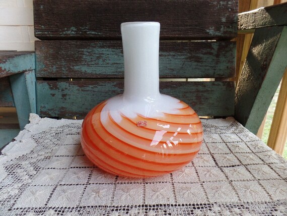 Vintage Art Glass Vase Made In Italy Italian Orange White Etsy