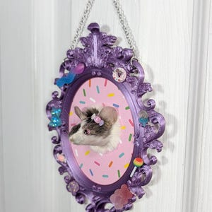 May include: A decorative purple framed wall hanging featuring a small rodent with a pink and sprinkle background. The frame is adorned with colorful embellishments, including gummy bears and a lollipop. The frame is suspended by a silver chain.