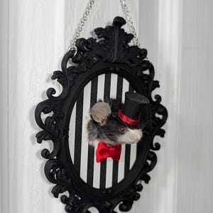 Dapper Top Hat and Bow Tie Mouse Taxidermy Head Mount - Black/ Stripes