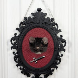 May include: A taxidermy mouse head mounted on a textured red background inside an ornate black oval frame. The mouse features a small silver-colored sword placed below its chin. The frame is suspended by a silver chain from a black wall hook.