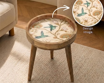 Tavolino laterale in legno di mango fatto a mano / Tavolino decorativo floreale con motivo botanico a forma di colibrì