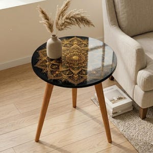 Round Side Table Gold Mandala Accent Table, Handmade Indian Furniture, Gloss Lacquer Top, Solid Wood Legs, Boho Home Decor Gift