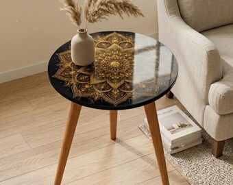 Tavolino rotondo con mandala dorato, mobile indiano fatto a mano, piano laccato lucido, gambe in legno massello, idea regalo per la casa in stile boho.