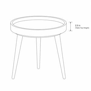 Pu&ograve; includere: Un disegno a linee bianche e nere di un tavolo rotondo con tre gambe affusolate. Il piano circolare presenta un bordo rialzato. Una linea di quota indica un'altezza del piano di 6,35 cm, con il testo 2.5 in (Table Top Height) visibile.