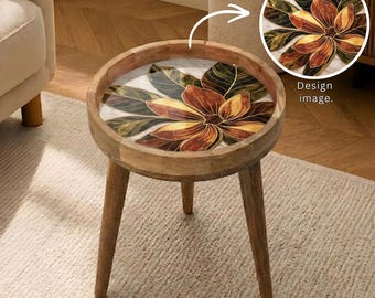 Tavolino laterale in legno di mango fatto a mano / Mobiletto rotondo con stampa floreale in stile boho