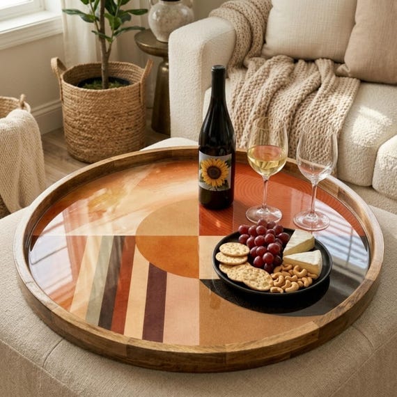 Handmade Mango Wood Serving Tray | Mid Century Modern Geometric Ottoman Decor