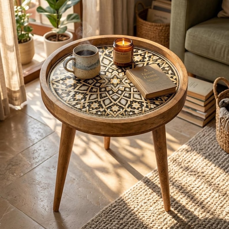 Pu&ograve; includere: Un tavolino rotondo in legno con tre gambe affusolate e un piano circolare caratterizzato da un motivo geometrico a mandala nero, bianco e oro. Il tavolo ospita una tazza in ceramica maculata, una candela accesa e un libro chiuso.