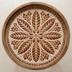 Pode incluir: Uma bandeja redonda de madeira com um design floral decorativo. A bandeja apresenta um centro de cor clara com um padrão de folhas marrons em relevo que irradia de uma flor central. A borda é feita de madeira mais escura.