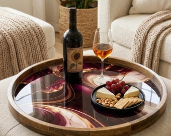 Vassoio da portata rotondo in legno di mango e marmo viola / Tavolino da caffè/pouf decorativo